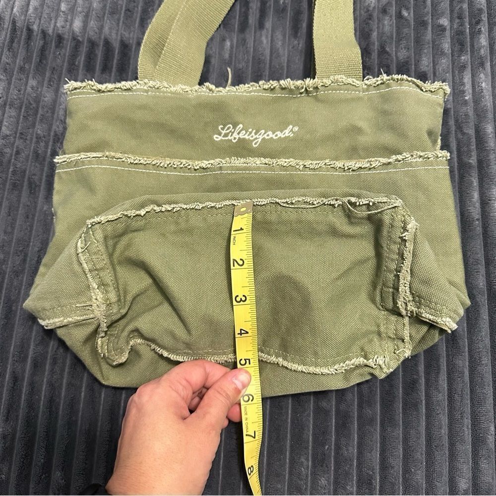 Life is Good Canvas Tote Bag Frayed Edge w/ Heart Green - Picture 4 of 8